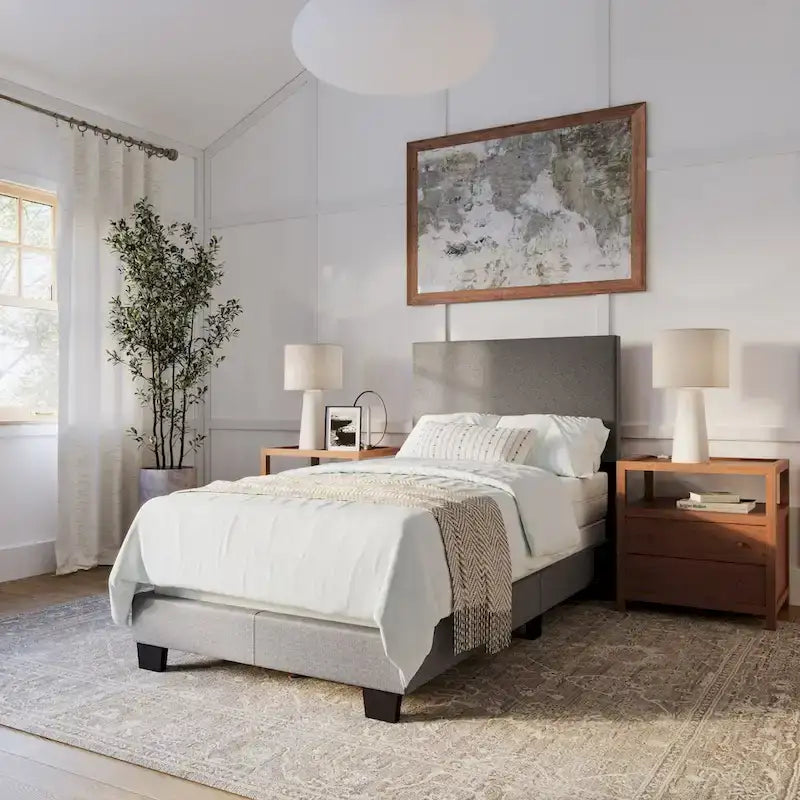 Lit simple/jumeau rembourré en tissu bleu/gris/beige – 1 personne