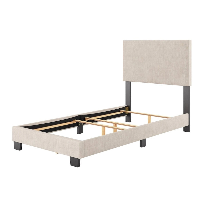 Lit simple/jumeau rembourré en tissu bleu/gris/beige – 1 personne