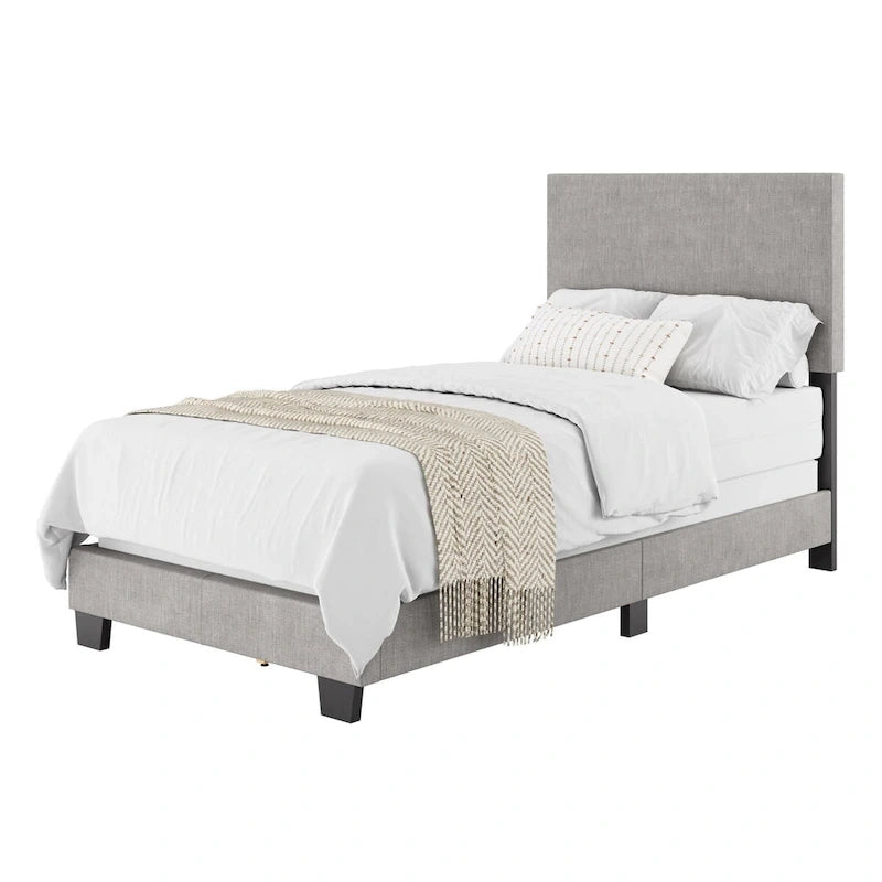 Lit simple/jumeau rembourré en tissu bleu/gris/beige – 1 personne