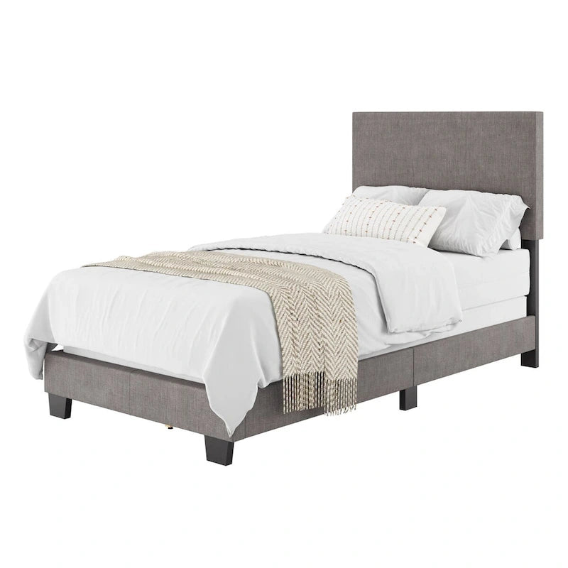 Lit simple/jumeau rembourré en tissu bleu/gris/beige – 1 personne