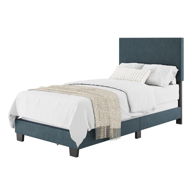 Lit simple/jumeau rembourré en tissu bleu/gris/beige – 1 personne