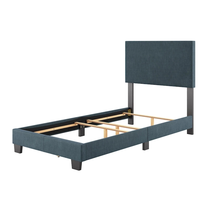 Lit simple/jumeau rembourré en tissu bleu/gris/beige – 1 personne