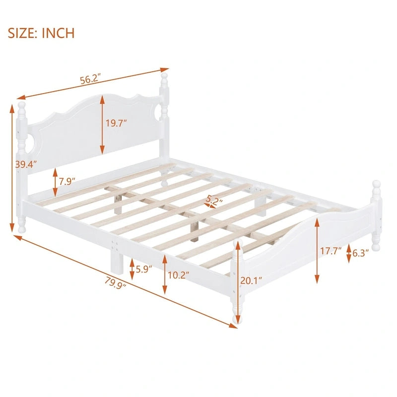 Cadre de lit plateforme en bois blanc, taille double, pour 1 personne