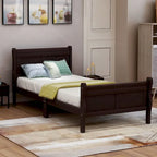 Lit traîneau avec tête de lit et pied de lit en bois espresso / blanc / chêne — Lit simple / double / grand, 1 personne