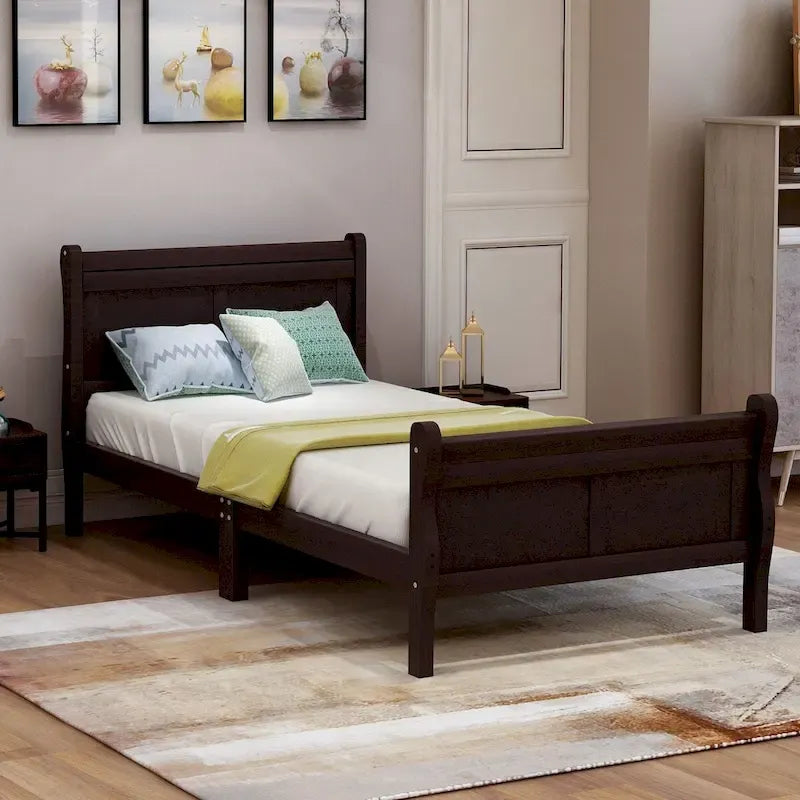 Lit traîneau avec tête de lit et pied de lit en bois espresso / blanc / chêne — Lit simple / double / grand, 1 personne