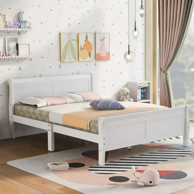 Lit traîneau avec tête de lit et pied de lit en bois espresso / blanc / chêne — Lit simple / double / grand, 1 personne