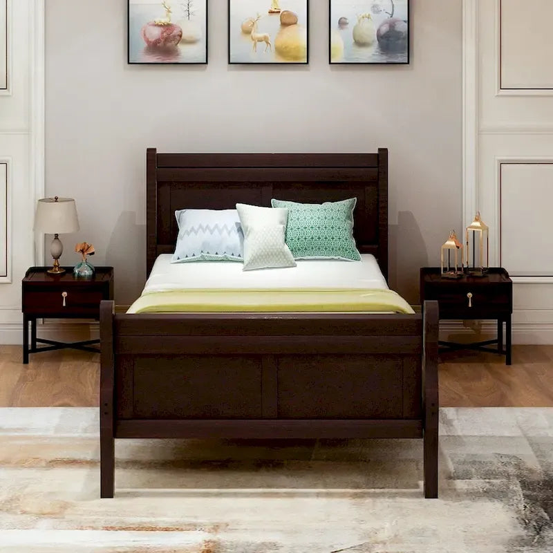 Lit traîneau avec tête de lit et pied de lit en bois espresso / blanc / chêne — Lit simple / double / grand, 1 personne