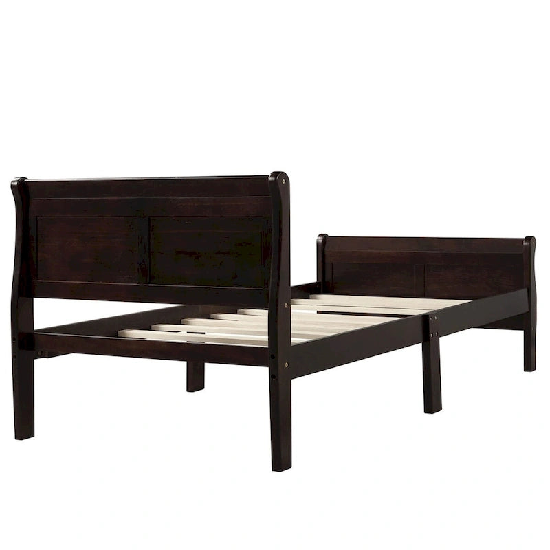 Lit traîneau avec tête de lit et pied de lit en bois espresso / blanc / chêne — Lit simple / double / grand, 1 personne