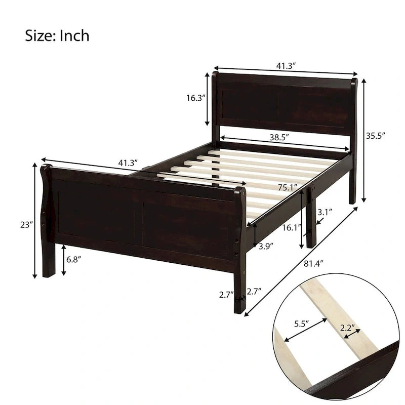 Lit traîneau avec tête de lit et pied de lit en bois espresso / blanc / chêne — Lit simple / double / grand, 1 personne