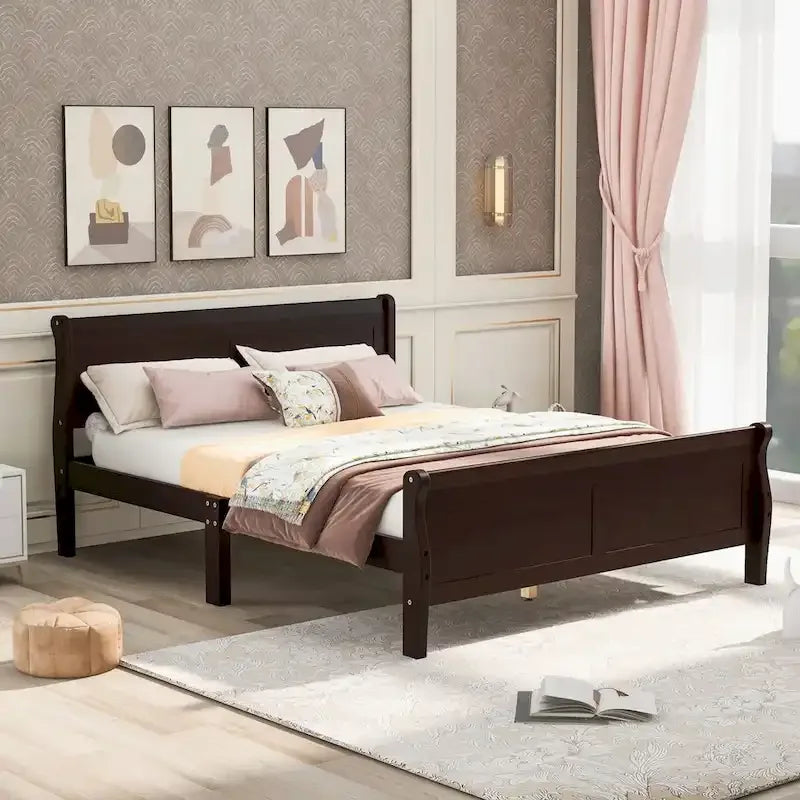 Lit traîneau avec tête de lit et pied de lit en bois espresso / blanc / chêne — Lit simple / double / grand, 1 personne