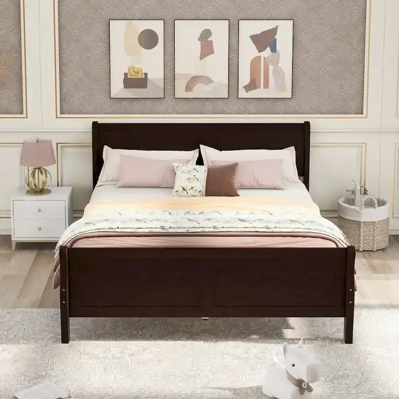 Lit traîneau avec tête de lit et pied de lit en bois espresso / blanc / chêne — Lit simple / double / grand, 1 personne
