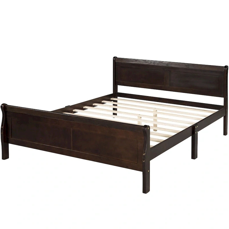 Lit traîneau avec tête de lit et pied de lit en bois espresso / blanc / chêne — Lit simple / double / grand, 1 personne