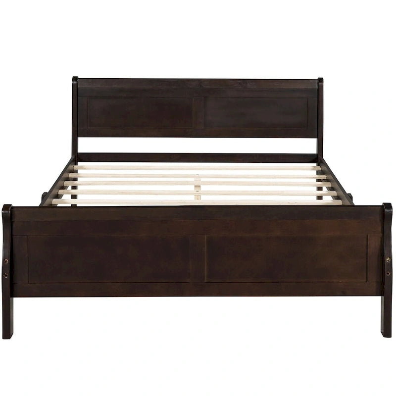 Lit traîneau avec tête de lit et pied de lit en bois espresso / blanc / chêne — Lit simple / double / grand, 1 personne
