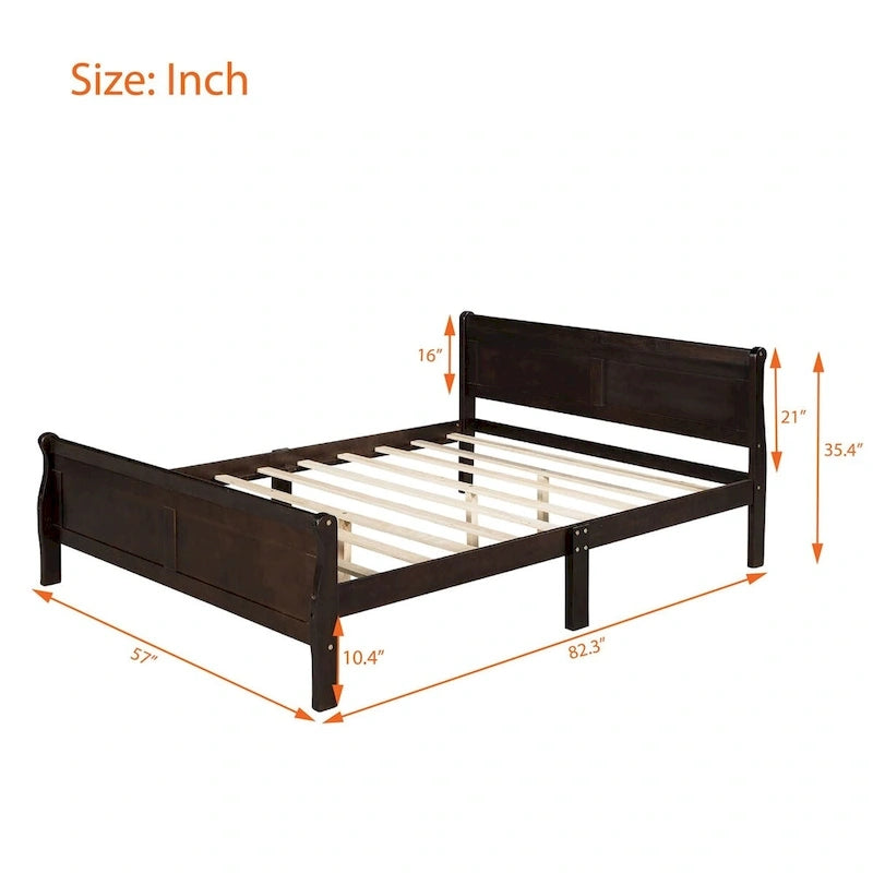 Lit traîneau avec tête de lit et pied de lit en bois espresso / blanc / chêne — Lit simple / double / grand, 1 personne