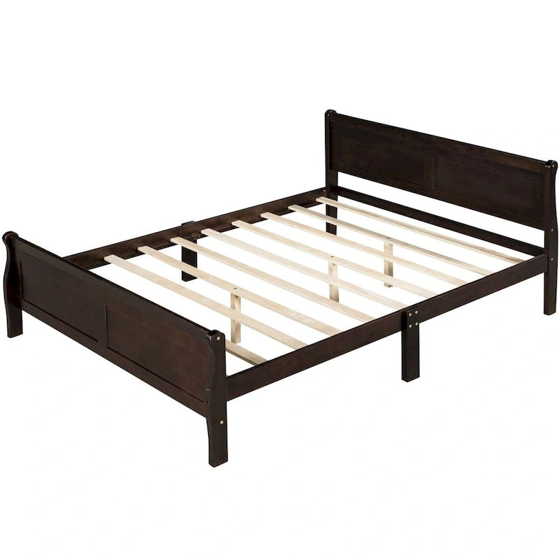 Lit traîneau avec tête de lit et pied de lit en bois espresso / blanc / chêne — Lit simple / double / grand, 1 personne