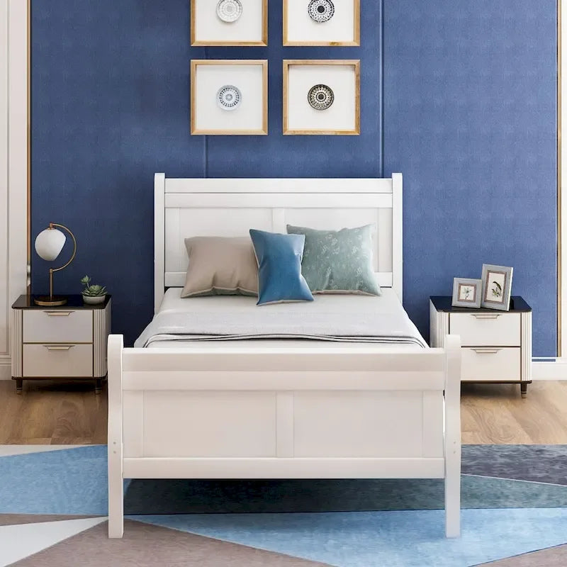 Lit traîneau avec tête de lit et pied de lit en bois espresso / blanc / chêne — Lit simple / double / grand, 1 personne