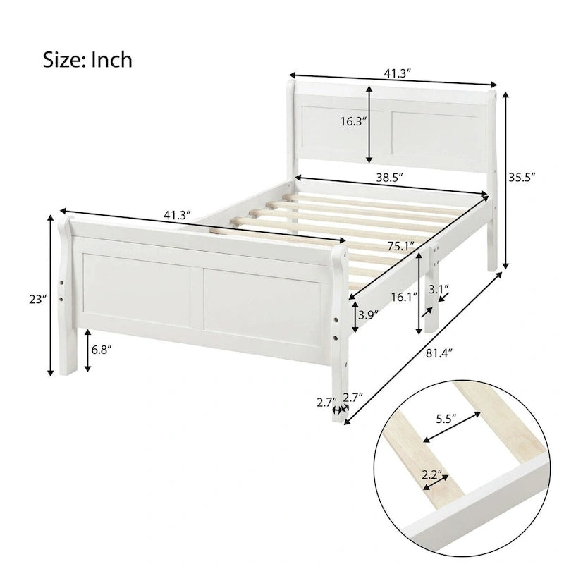 Lit traîneau avec tête de lit et pied de lit en bois espresso / blanc / chêne — Lit simple / double / grand, 1 personne