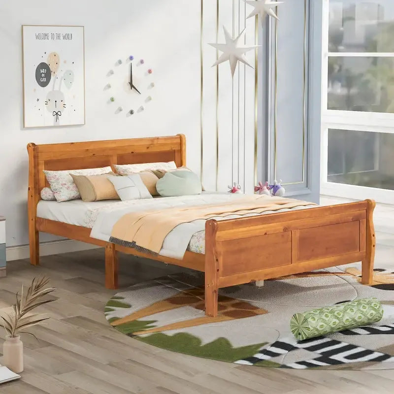 Lit traîneau avec tête de lit et pied de lit en bois espresso / blanc / chêne — Lit simple / double / grand, 1 personne