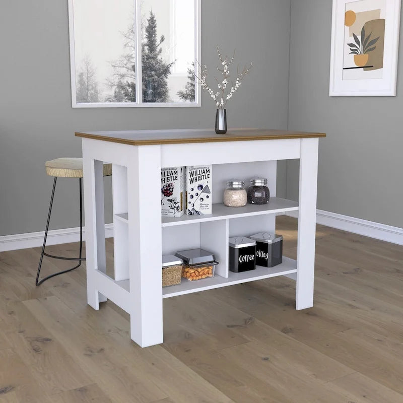 Ilot de cuisine en bois blanc/marron/noir avec 3 étagères, pour 1 à 2 personnes