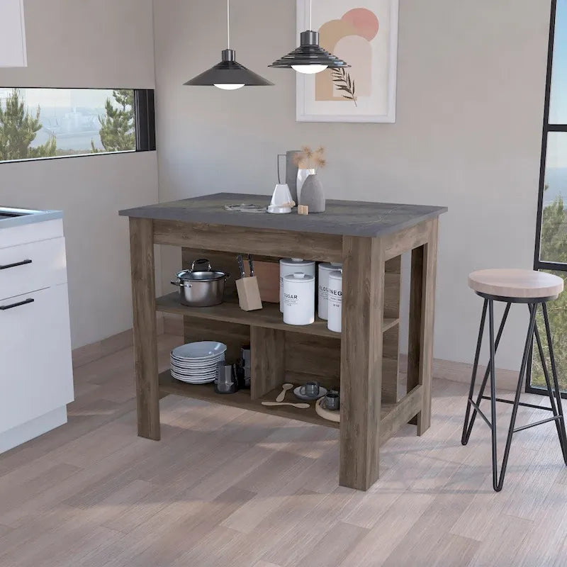 Ilot de cuisine en bois blanc/marron/noir avec 3 étagères, pour 1 à 2 personnes