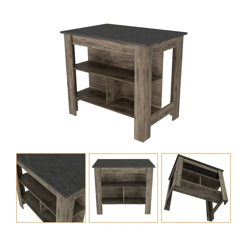 Ilot de cuisine en bois blanc/marron/noir avec 3 étagères, pour 1 à 2 personnes