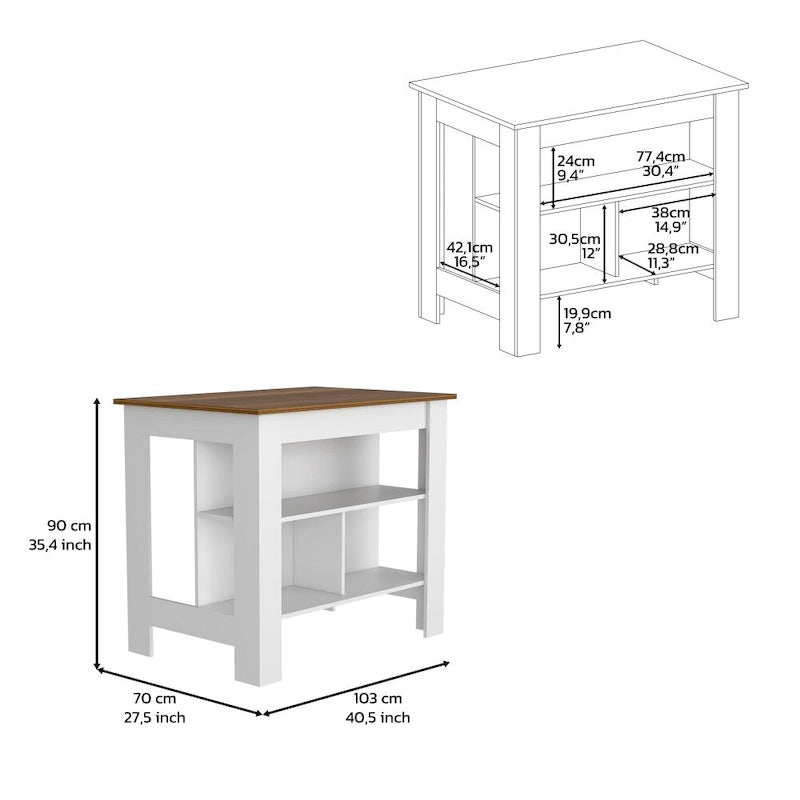 Ilot de cuisine en bois blanc/marron/noir avec 3 étagères, pour 1 à 2 personnes