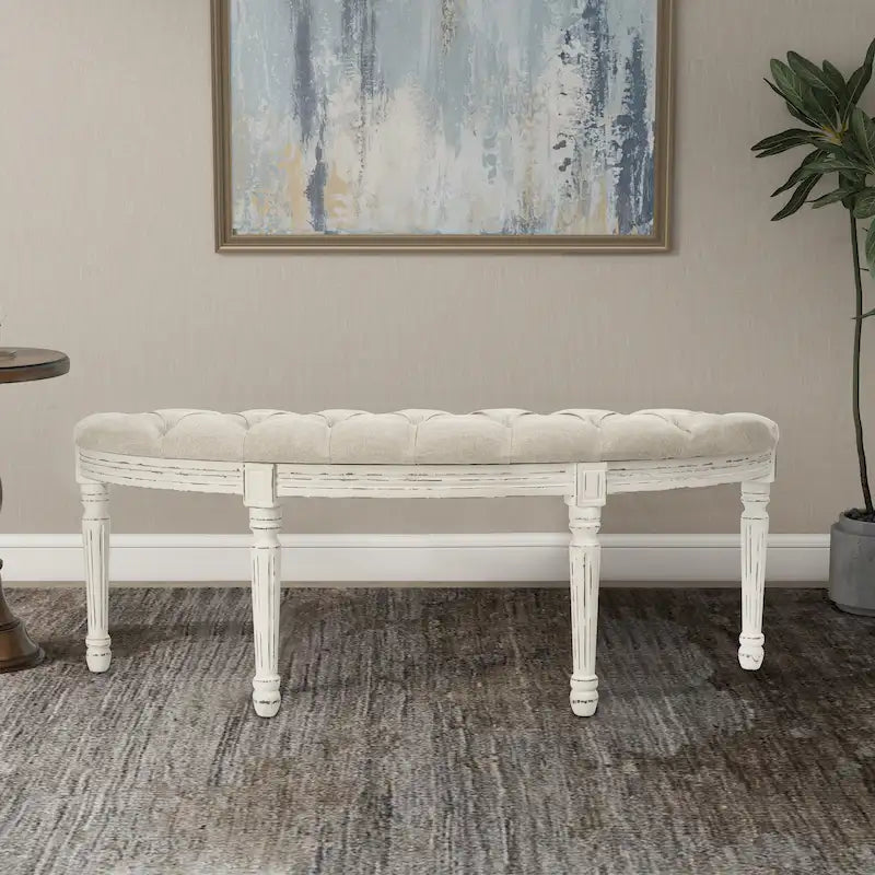 Banc en lin capitonné ivoire, 2 places, style Mid-Century