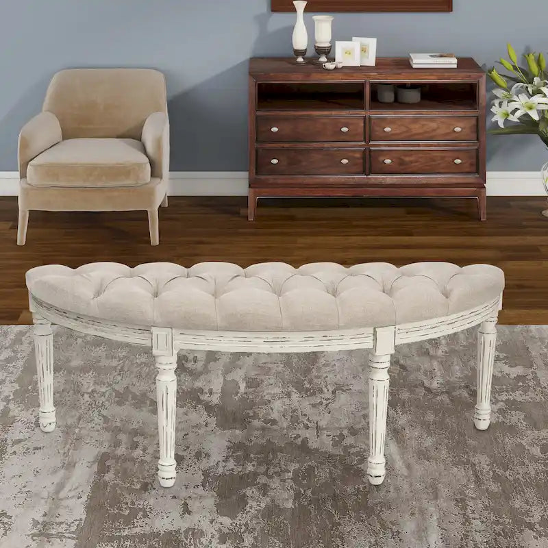 Banc en lin capitonné ivoire, 2 places, style Mid-Century