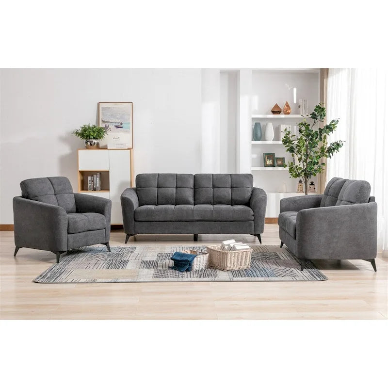 Ensemble de canapé 3 pièces capitonné en velours gris (canapé + causeuse + fauteuil)