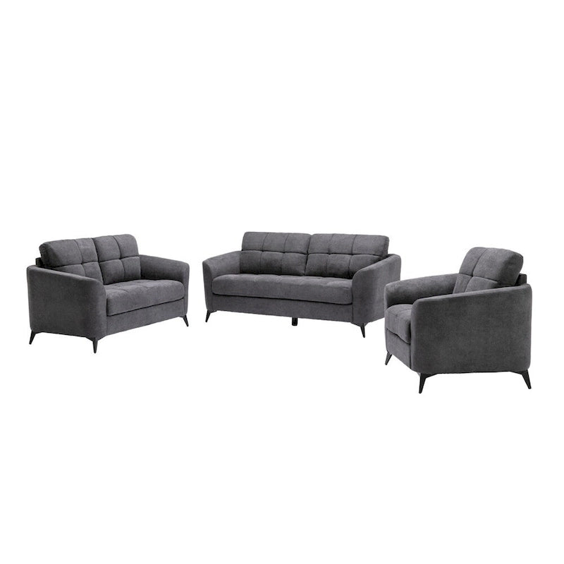 Ensemble de canapé 3 pièces capitonné en velours gris (canapé + causeuse + fauteuil)