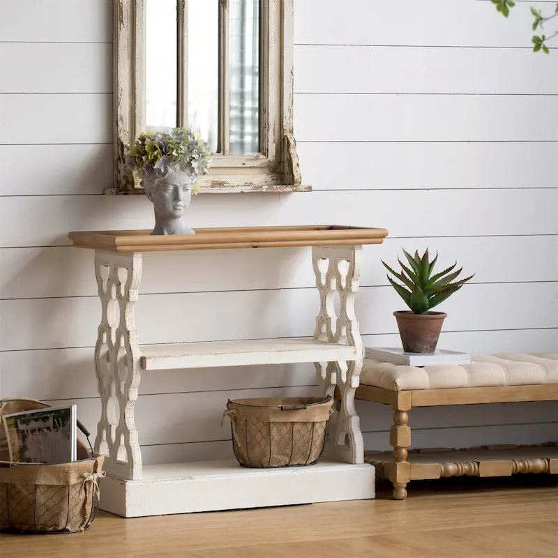 Console en bois vieilli à 3 niveaux blanc antique