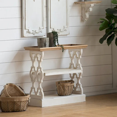Console en bois vieilli à 3 niveaux blanc antique