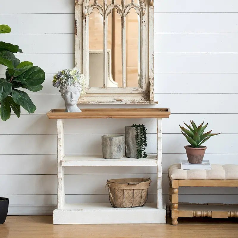 Console en bois vieilli à 3 niveaux blanc antique
