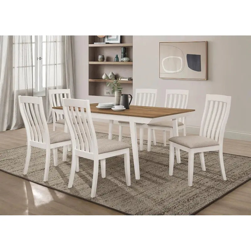 Table à manger rectangulaire en acacia naturel et blanc cassé avec pieds évasés, 6 places