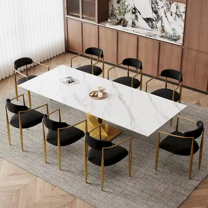 Ensemble de salle à manger extensible en pierre frittée blanche pour 6 à 8 personnes, avec 8 chaises en tissu
