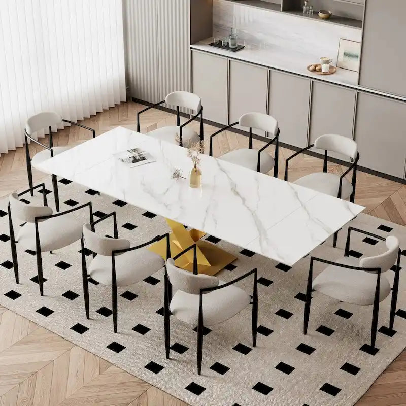Ensemble de salle à manger extensible en pierre frittée blanche pour 6 à 8 personnes, avec 8 chaises en tissu