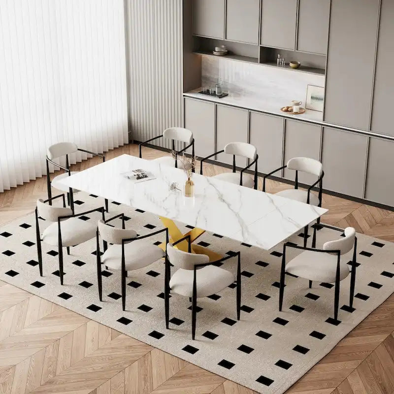 Ensemble de salle à manger extensible en pierre frittée blanche pour 6 à 8 personnes, avec 8 chaises en tissu