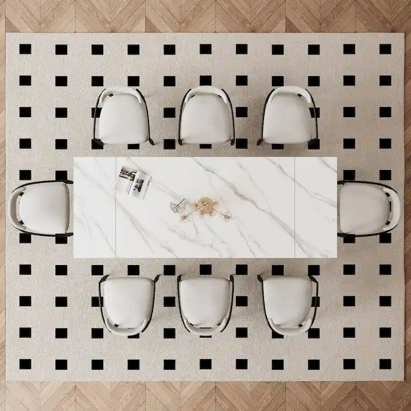 Ensemble de salle à manger extensible en pierre frittée blanche pour 6 à 8 personnes, avec 8 chaises en tissu