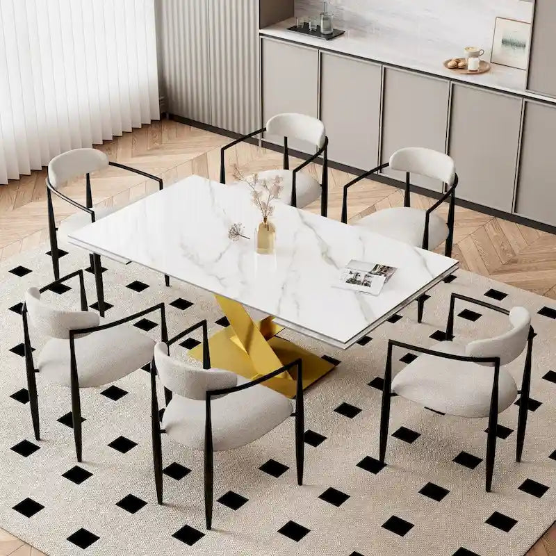 Ensemble de salle à manger extensible en pierre frittée blanche pour 6 à 8 personnes, avec 8 chaises en tissu
