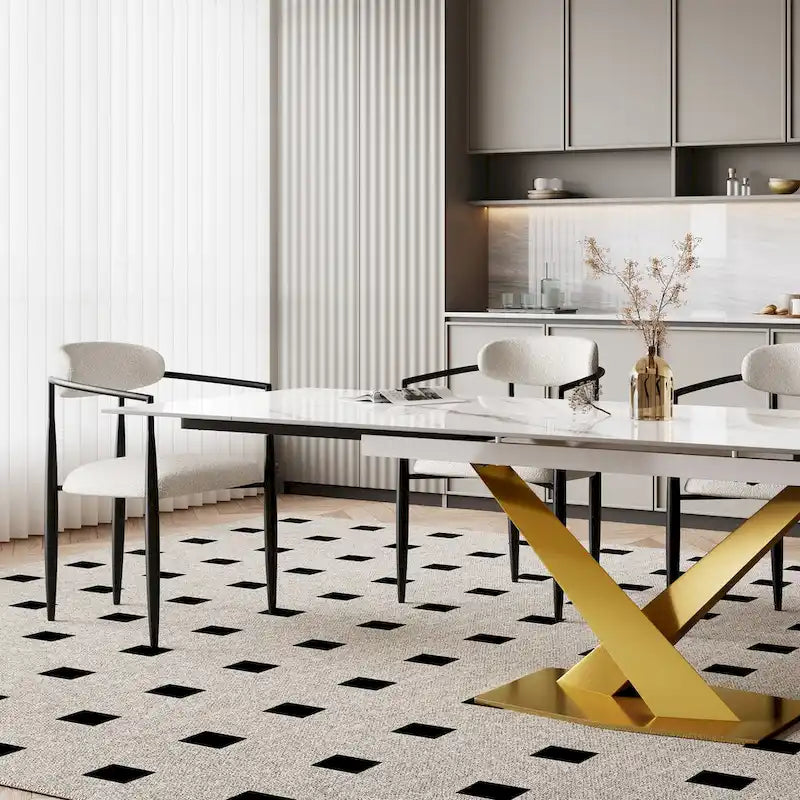 Ensemble de salle à manger extensible en pierre frittée blanche pour 6 à 8 personnes, avec 8 chaises en tissu