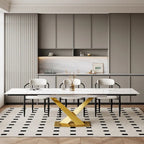 Ensemble de salle à manger extensible en pierre frittée blanche pour 6 à 8 personnes, avec 8 chaises en tissu