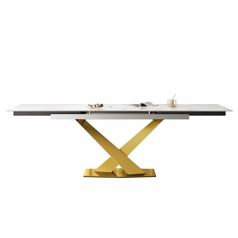 Ensemble de salle à manger extensible en pierre frittée blanche pour 6 à 8 personnes, avec 8 chaises en tissu