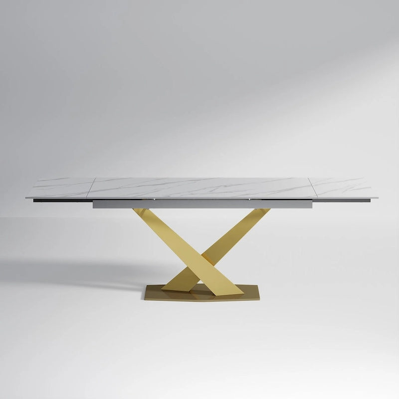 Ensemble de salle à manger extensible en pierre frittée blanche pour 6 à 8 personnes, avec 8 chaises en tissu