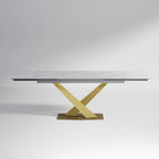 Ensemble de salle à manger extensible en pierre frittée blanche pour 6 à 8 personnes, avec 8 chaises en tissu