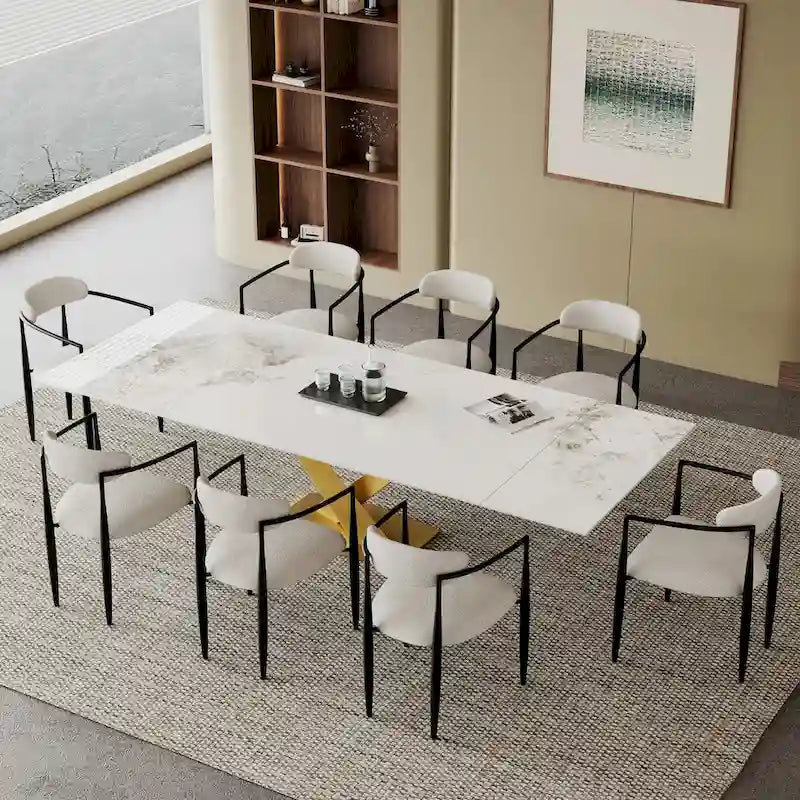 Ensemble de salle à manger extensible en pierre frittée blanche pour 6 à 8 personnes, avec 8 chaises en tissu