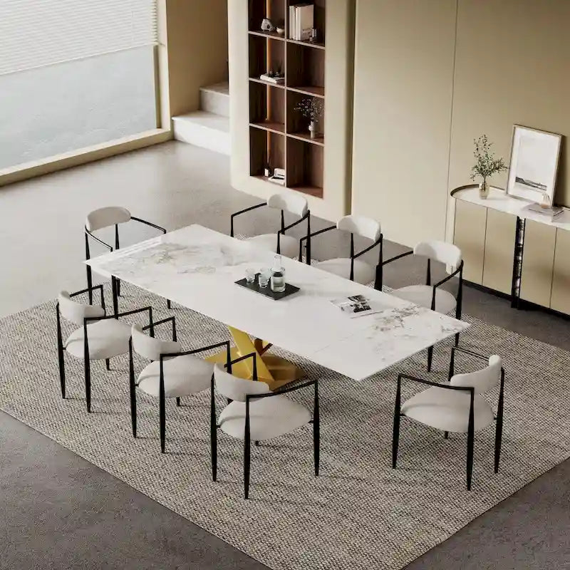 Ensemble de salle à manger extensible en pierre frittée blanche pour 6 à 8 personnes, avec 8 chaises en tissu