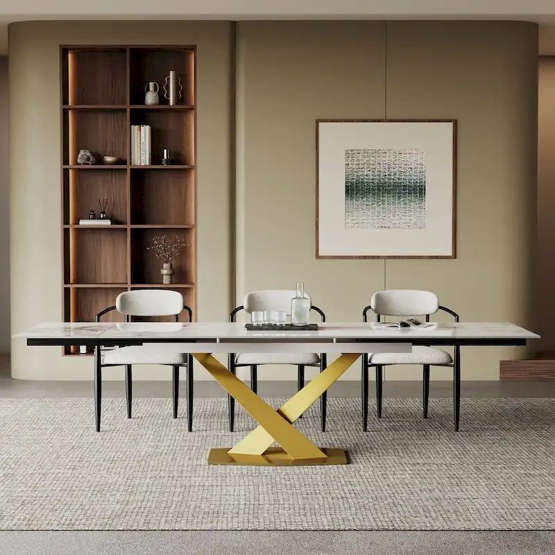 Ensemble de salle à manger extensible en pierre frittée blanche pour 6 à 8 personnes, avec 8 chaises en tissu