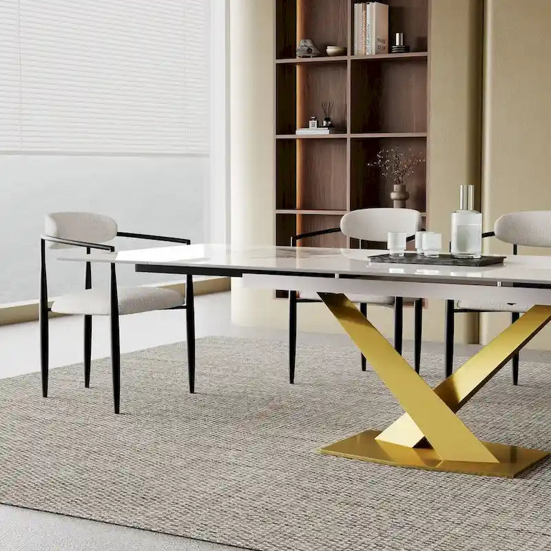 Ensemble de salle à manger extensible en pierre frittée blanche pour 6 à 8 personnes, avec 8 chaises en tissu
