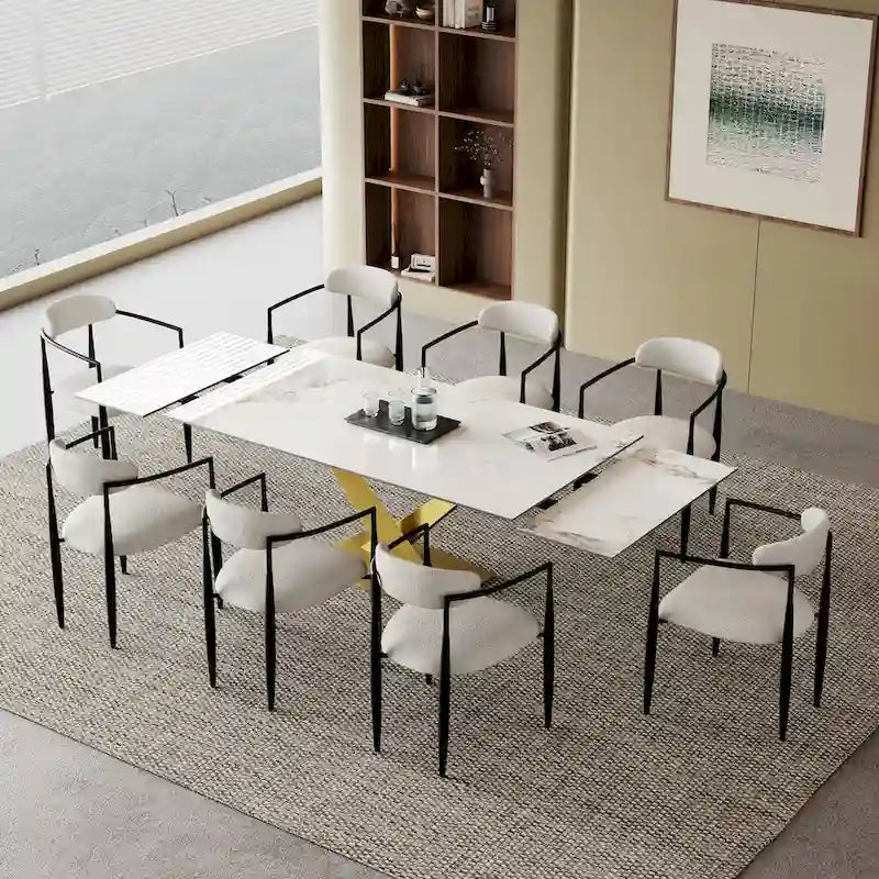 Ensemble de salle à manger extensible en pierre frittée blanche pour 6 à 8 personnes, avec 8 chaises en tissu