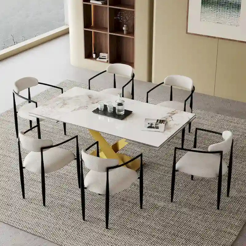 Ensemble de salle à manger extensible en pierre frittée blanche pour 6 à 8 personnes, avec 8 chaises en tissu